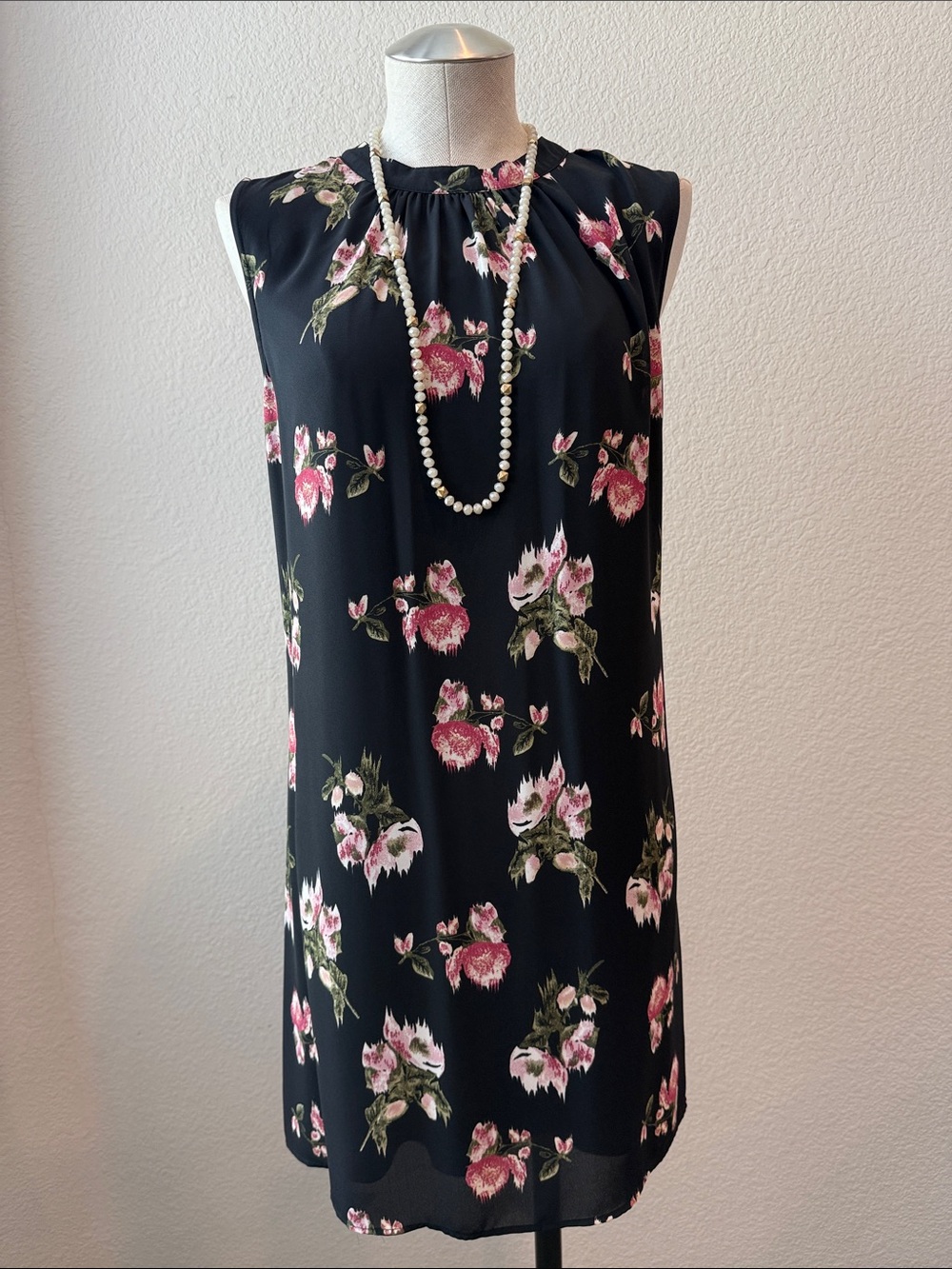 DR2 Black Sleeveless Mini Dress with Pink Floral Print